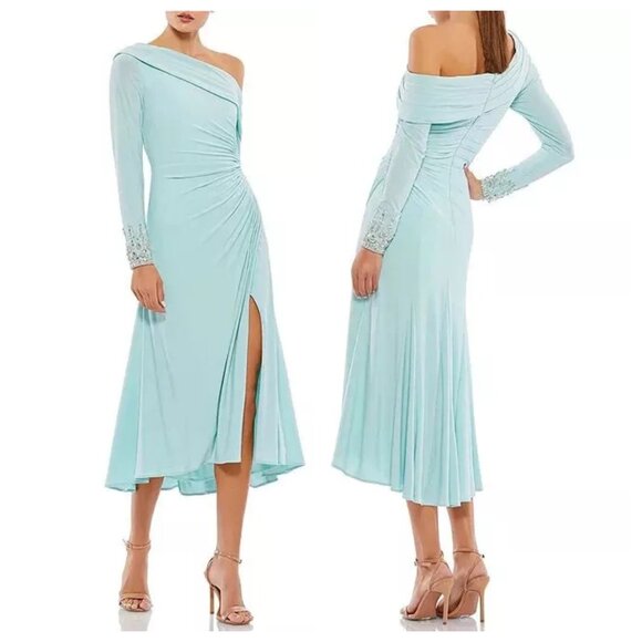 Mac Duggal Dresses & Skirts - Ieena Mac Duggal One-Shoulder Long Sleeves Beaded Jersey Midi Dress